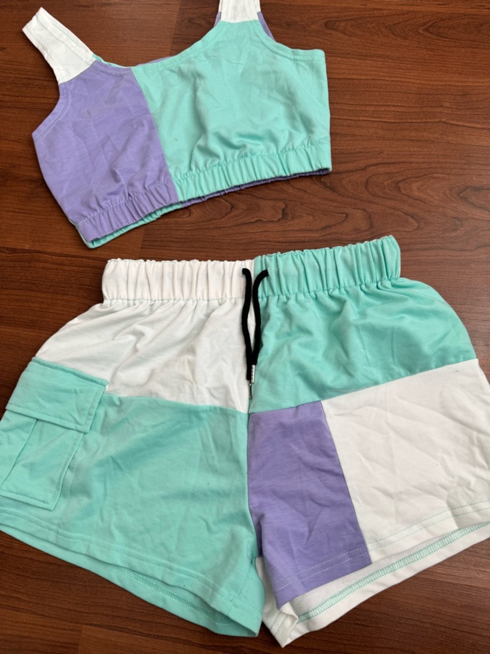 SHEIN Mint Lavender White Colorblock Crop Tank & Shorts Set - Picture 7 of 7